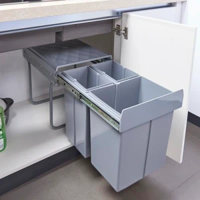 Image de [en.casa] Poubelle Encastrable sur Rails Coulissants pour Cuisine Système de Tri sous Évier avec 2 Bacs 10 litres + 1 Bac 20 L Plastique Acier 48 x 34 42 cm Gris