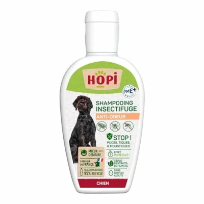 Image de HOPI Shampooing Anti Odeur et Puces Chien 250 ML Protection idéale pour repousser Les Puces, Tiques Moustiques Extraits de Plantes Pratique Facile Fabriqué en France