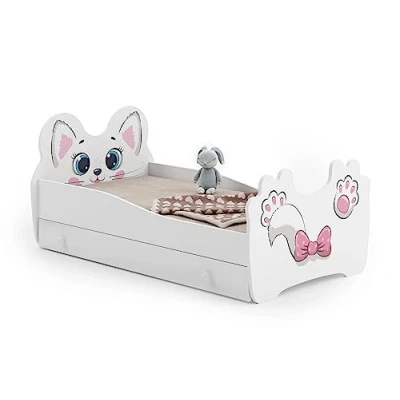 Image de KOBI Lit Enfant Chat Blanc avec Rangement é Tiroir 160x80 cm Petite Fille Lits pour Enfants Un Matelas et Cadre la Chambre Bebe Simple Barriere