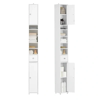 Image de SoBuy Meuble Colonne Salle de Bain, Armoire Rangement Placard Étroite, 1 Tiroir, 2 Portes et 5 Compartiments Ouverts, Étagères Réglables, Blanc, 20x20x180 cm, BZR34 WN