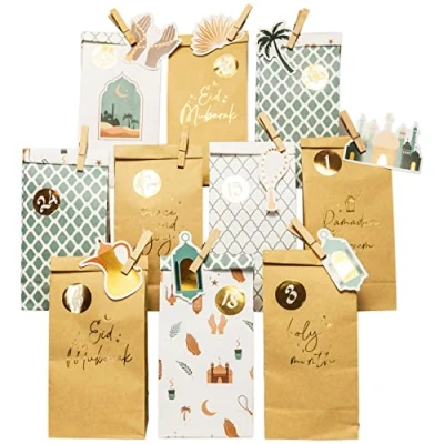 Image de Papierdrachen Bricolage Calendrier du Ramadan à remplir pour enfants et adultes Sacs en papier kraft imprimé menthe or poser décorer Aïd Mubarak réutilisable Set 5
