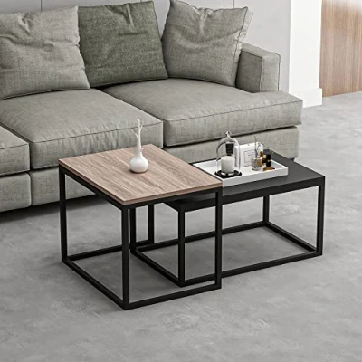 Image de [en.casa] Set de 2 Tables Basses Rectangulaires Gigognes Tailles Différentes pour Salon Chambre Panneau Particules Métal Effet Chêne Noir Mat
