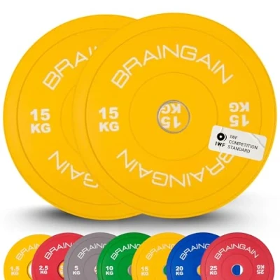 Image de BRAINGAIN Paire de disques olympiques colorés 15 kg (2 x kg), poids en caoutchouc solide 5,1 cm pour entraînement force et haltérophilie