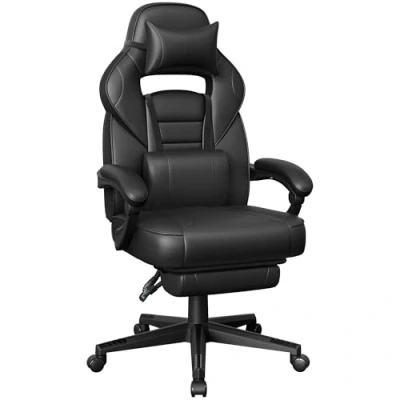 Image de SONGMICS Fauteuil de Bureau, Chaise Gaming, Réglable, Repose Pieds Télescopique, Mécanisme à Bascule, Appui tête, Support Lombaire, Charge 150 kg, Noir d&#039;encre OBG073B05