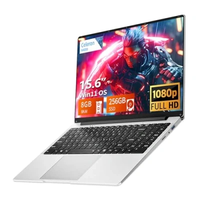 Image de Ordinateur Portable 15.6 Pouces, Win 11 PC 8Go LPDDR4 RAM 256Go SSD, Celeron N4000 Processor, Laptop 1980*1080 IPS FHD Écran, WiFi5/Mini HDMI/USB3.0/BT4.2/Webcan, Carte TF Développer to 1To