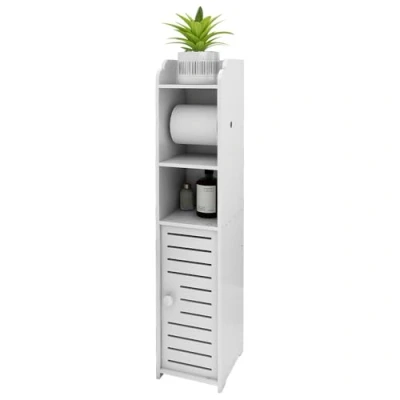 Image de OHMG Armoire de salle bain, étroite, haute, sur pied, avec support pour papier toilette, étagère meubles, WC, chambre à coucher, cuisine, salon, 15 x 17 76 cm, blanc