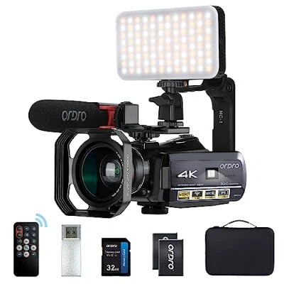 Image de ORDRO 4K Caméra AC3 1080p 60fps Vlog IR Vision Nocturne WiFi avec Microphone, Objectif Grand Angle, Lampe vidéo LED, Support de Poche, boîte Stockage et Carte SD 32gb