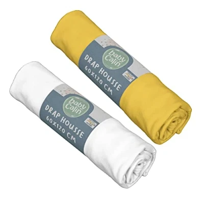Image de BabyCalin Lot de 2 draps housse 60x120x15cm Moutarde/blanc certifié OEKO TEX