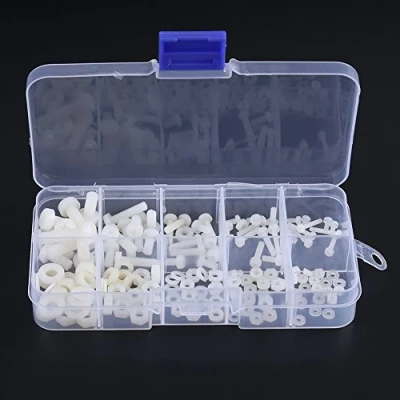 Image de 150pcs Coffret de Vis Boulons Écrous Noix Rondelles Assortiment Kit en Nylon Blanc M2 M2.5 M3 M4 M5