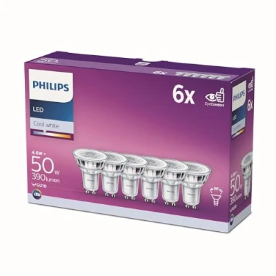 Image de Philips ampoule LED Equivalent50W GU10 Blanc froid, Non dimmable, Verre, Lot de 6