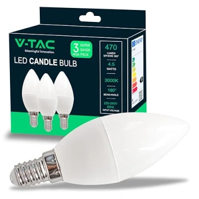 Image de V TAC 3x Ampoules Led Bougie E14, 4,5W (équivalent à 40W) 470 Lumen 3000K Blanc Chaud Ouverture du faisceau lumineux 180 Ampoule Efficacité Maximale et Économie d&#039;Énergie (Lot de 3)