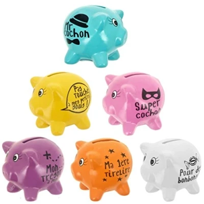 Image de 1 PETITE TIRELIRE COCHON CERAMIQUE 8 X 7 CM COLORE DECO JOUET
