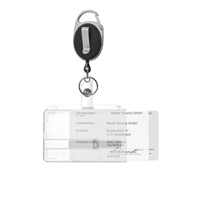 Image de Porte badge avec enrouleur noir, clip et mousqueton, carte horizontal pour deux cartes glissières transparentes en polycarbonate d’identification, au format EC