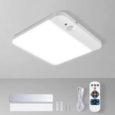 Image de Leselux Plafonnier LED avec Detecteur de Mouvement, Rechargeable Plafond Sans Fil Télécommande, 3 Températures Couleur, Luminaire a Pile pour Escalier Couloir Garage, Ø20CM
