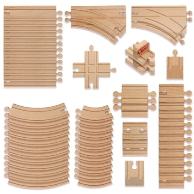 Image de THE TWIDDLERS 64 Pièces Rails/Circuit de Train en Bois avec Boite Cadeau Hêtre Haut Gamme Solide, Incassable, Pratiquement Indestructible &amp; Adaptable Jouet pour Enfants