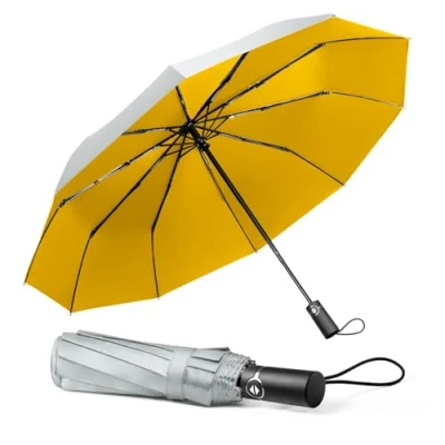 Image de TechRise Parapluie Pliable, Automatique Compact Coupe vent avec 10 Baleines, Ouverture et Fermeture Automatiques à un Seul Bouton, Portable pour Hommes Femmes, Argenté Jaune