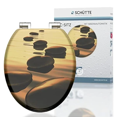 Image de Schütte SEA STONE 80127, Abattant WC avec noyau en bois (MDF) et système d&#039;abaissement automatique, motif de pierres imprimé sur 3 faces, compatible toutes les cuvettes standard