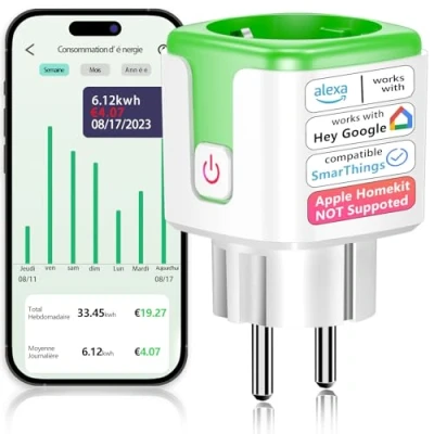 Image de SURFOU Prise Connectée VeSync, Compteur de Consommation électrique, Minuteur Smart Compatible avec Amazon Alexa et Google Home, Commande Vocale, VeSync APP Télécommande, 16A, Type F (1 Pack)