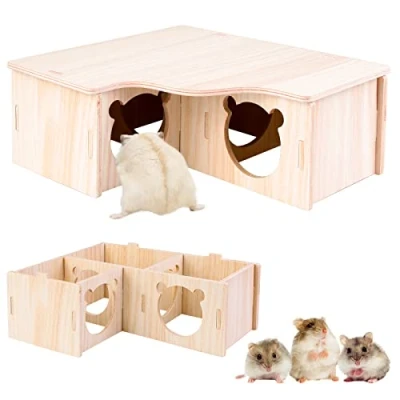 Image de Vegena Hamster maison d&#039;angle 3 chalets en bois pour hamster, de cachette bois, décoration gerbilles, degus, souris à maquereau, hamsters nains (22,5 x 17,8 8 cm)