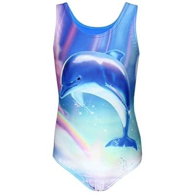 Image de Aquarti Maillot de Bain Fille Natation Une Pièce Imprimé Dauphin, Dauphin/Arc en Ciel/Bleu/Rose, 140