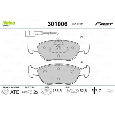 Image de VALEO 301006 Jeu de plaquettes frein FIRST Essieu avant contact signal d&#039;usure inclus sans tôle anti bruit ALFA ROMEO: GTV, 156 Berline, 145