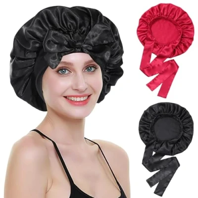 Image de Coubeau Bonnet de Cheveux en Satin pour Femme 2 Pièces Nuit Soie Bouclés avec Sangle
