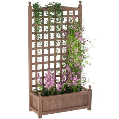 Image de Outsunny jardinière avec Treillis bac à Fleurs sur Pied dim. 64L x 28l 120H cm Inserts d&#039;irrigation Inclus Bois Sapin traité