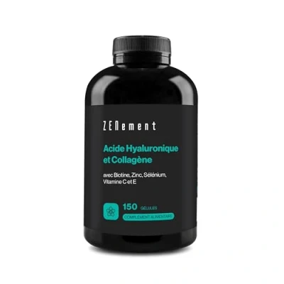 Image de Collagène et Acide Hyaluronique avec Biotine, Zinc, Sélénium, Vitamines C E 150 Gélules Pour Peau, Articulations Os 1000 mg de + 200 d’Acide par Dose Zenement