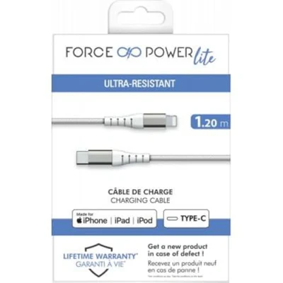 Image de Câble Renforcé USB C/Lightning 1,2m 3A Garanti à vie Blanc 100% Plastique recyclé Force Power Lite