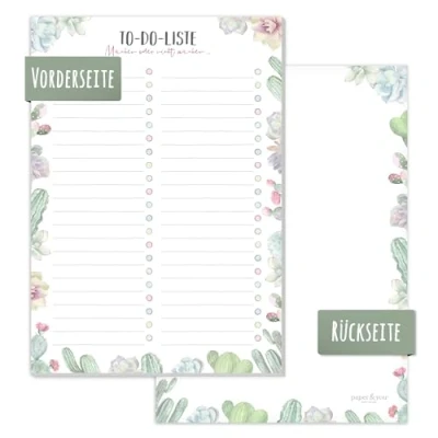 Image de Trendstuff by Häfft Bloc de listes tâches à effectuer Format A5 Motif cactus 50 feuilles avec page arrière pour prendre des notes Climatiquement neutre et durable