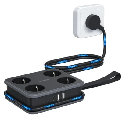 Image de Multiprise USB C NTONPOWER 4 Prise Electrique Multiple 2 A avec 1 de Distribution Murale 1,6 Mètre, Multi Protection, Noir