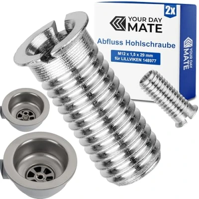 Image de Lot de 2 vis creuses pour bonde à panier M12 x 1,5 29 mm, compatible avec la IKEA LILLVIKEN remplacement l&#039;article 148977, en laiton, filetage régulation, évier vidange