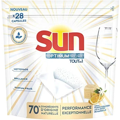 Image de Sun Capsules Lave Vaisselle Optimum Pure Tout En 1 Citron Savon de Marseille &amp; Fleur d&#039;Oranger x28, éclatante, Ingrédients Naturels, Nettoyage, Brillance Parfum frais, 28 Tablettes