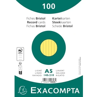Image de Exacompta Réf. 10828SE Carton de 10 paquets 100 fiches bristol lignées non perforées sous film format 148 x 210 mm couleur jaune