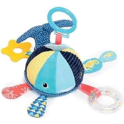 Image de LUDI Activité À Suspendre Baleine Jeux D&#039;Éveil Bébé Dès 3 Mois Développe Le Bien Être, Toucher &amp; La Motricité Fine Jeu Sonore, Papier Froissé, Anneau De Dentition Mirroir