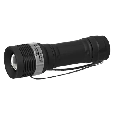 Image de EMOS E 1512 Lampe de Poche LED zoomable, IP43, étanche et résistante au Gel, 75 lumens, portée d&#039;éclairage 125 m, 15 Heures d&#039;autonomie, Plastique, Noir, 3,5 x 12 cm