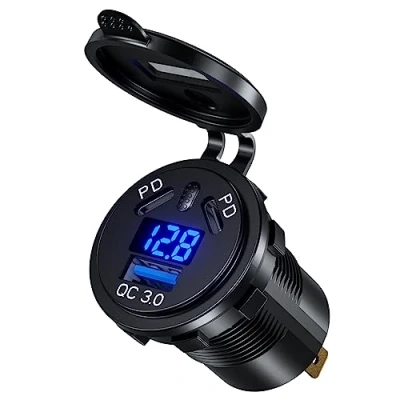 Image de 108W Double PD3.0 Prise USB 12V Voiture Adaptateur, 45W PD Type C &amp; 18W QC3.0 Moto, avec Interrupteur et Voltmètre, Charge Rapide Etanche pour Marine, Bateau, Camion