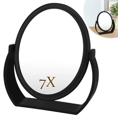 Image de Sprifityy Miroir Cosmétique Haute Définition,Miroir de Maquillage à Double Face,Rotation 360,pour Maquillage, Coiffure et Rasage,Rotation 360,X1/7 Grossissant,Noir Mat