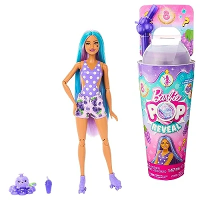 Image de Barbie Pop Reveal Série Fruit, Poupée Cheveux Violets, Édition Parfumée Raisin Pétillant, 8 Surprises Incluses Dont du Slime et Un Chiot, Jouet pour Enfant de 3 Ans Plus, HNW44