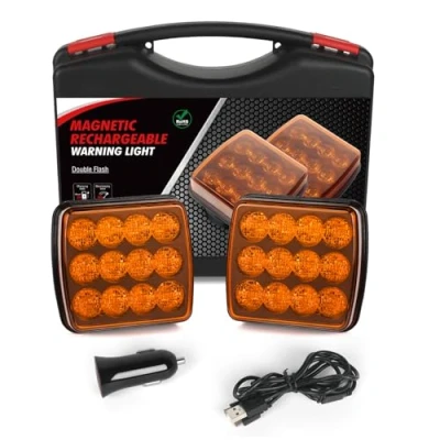 Image de AOHEWEI Feux d&#039;avertissement LED sans fil Ambre, 12 V/24 V Aimant clignotants arrière d&#039;avertissement, stroboscopiques d&#039;urgence rechargeables pour véhicule de camion
