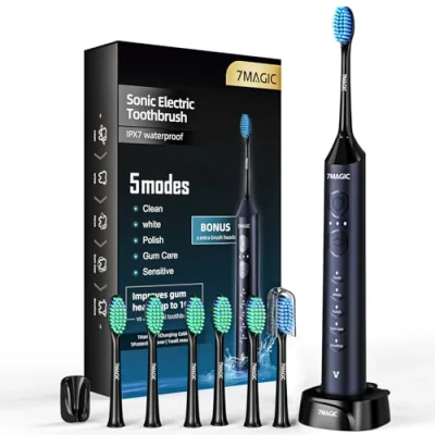 Image de 7 têtes brosse à dents électrique sonique pour adultes électrique, 5 modes, trois forces par mode ipx7, ultrasons hommes et femmes
