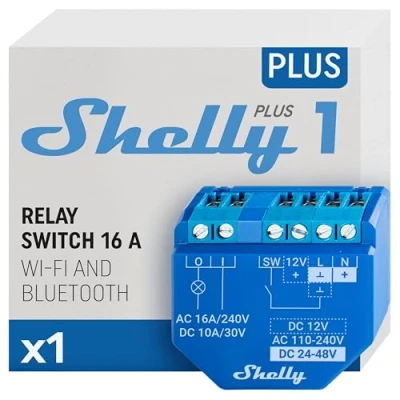 Image de Shelly Plus 1 Relais interrupteur connecté 16A, Wi Fi &amp; Bluetooth, Contacts secs, Commande à distance porte de garage, éclairage, Alexa Google Home, App iOS Android, Aucun hub requis