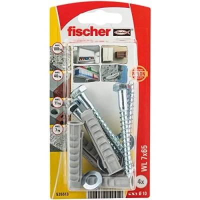 Image de fischer Kit fixation sanitaires WL 7 x 65 / Composition du blister : 4x chevilles à expansion SX 10x50, tirefonds 7x65,4x rondelles