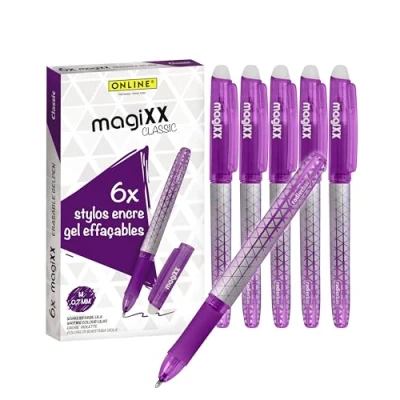 Image de Online 6x stylo roller effaçable, encre gel violet, ergonomique avec partie soft grip, rechargeable, ideal pour enfants et l&#039;école, pointe moyenne