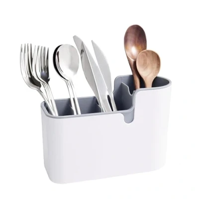 Image de Amazon Basics Organiseur d’ustensiles pour comptoir et mur, Blanc, Gris