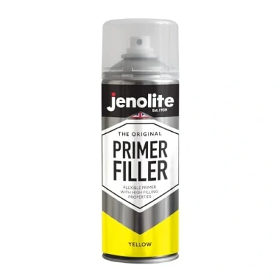 Image de JENOLITE Peinture d&#039;apprêt de remplissage en aérosol JAUNE Apprêt flexible avec des propriétés élevées Remplit les petites bosses et rayures pour une finition lisse 400ml