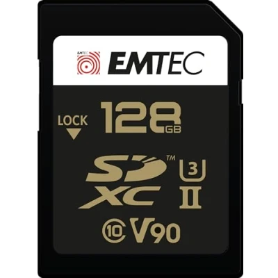 Image de EMTEC Carte SDXC UHS II U3 V90 SpeedIN Pro+ ECMSD128GUHS2V90 Mémoire Photos en Rafale, Vidéos Full HD, 3D, 4K, 8K UHD Capacité de Stockage 128Go, 128GB 2 Rangées PIN au Dos Noir/Doré