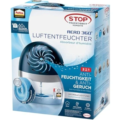 Image de Pattex AERO 360º Déshumidificateur d&#039;air ambiant rechargeable, ultra absorbant, aide à éviter la condensation, les odeurs de moisissure et pourriture, 1 appareil y compris recharge 450 g