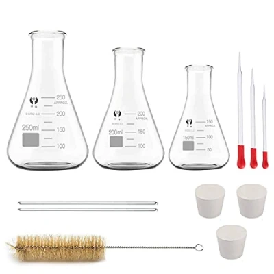 Image de Flacons Erlenmeyer en Verre, JESSTOLO 3pcs Flacon Conique Verre 150ml / 200ml 250ml, 3 Pipettes 2 Agitateurs et1 Brosses de Nettoyage, pour Laboratoire, Expériences, Chimie