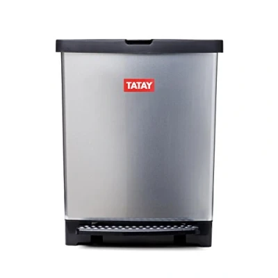 Image de TATAY Poubelle de Cuisine, Capacité 25L, Pédale Rétractable, Polypropylène, Sans BPA, Sac 30L. Gris Metallique. Dimension 33,5 x 31 42cm